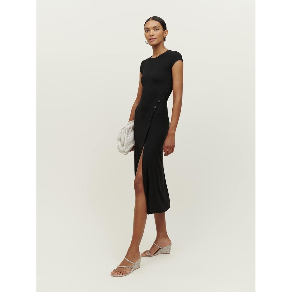 Reformation Womens Kamila Fitted Knit Midi Dress Black Cap Sleeves Size Medium